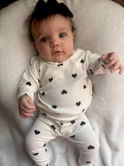 Flipped Black Hearts on White Ribbed Lounge Set