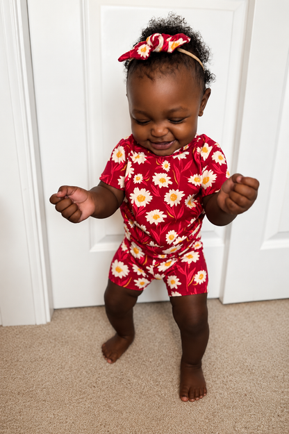 Mums Flowers on Burgundy Biker Shorts Lounge Set