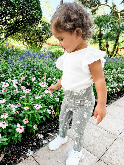 Minimal Floral Olive Ribbed Leggings