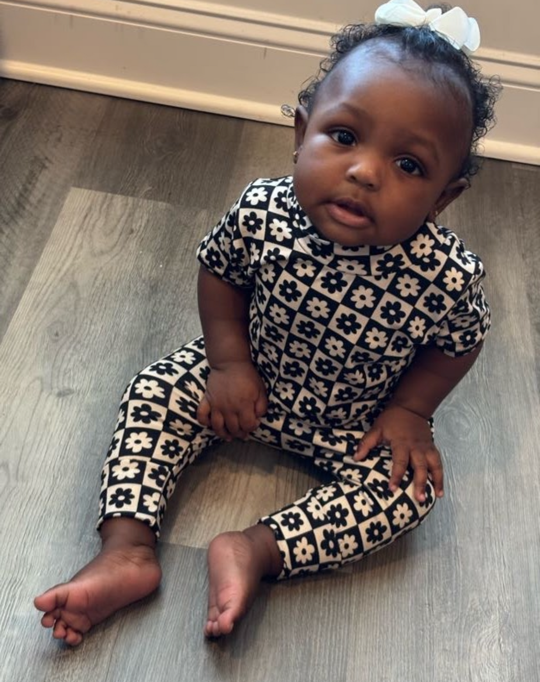 Black and Ivory Checkered Florals Harem Short-Sleeve Romper