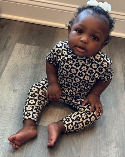 Black and Ivory Checkered Florals Harem Short-Sleeve Romper