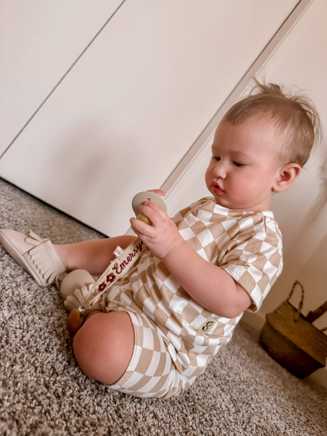 Taupe Retro Checkered Biker Shorts Lounge Set