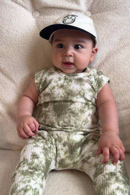 Olive Green Tie Dye Ribbed Harem Romper