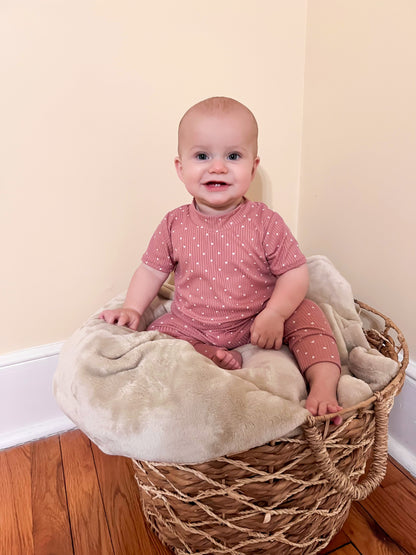 White Hearts on Dusty Rose Ribbed Harem Romper