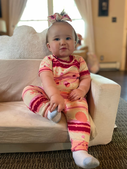Pink Abstract Stripe Ribbed Harem Romper