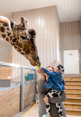 Woman holding a child as they feed a giraffe inside a building.