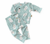 Mint snowman winter lounge set with long-sleeve top and leggings in soft ribbed knit — handmade baby and toddler Christmas outfit.