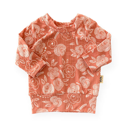 Geo Flowers Rose Ribbed Lounge Top