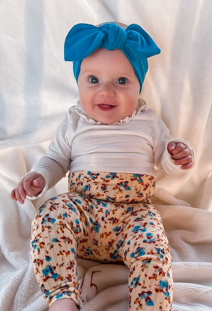 Dainty Floral on Yellow Ribbed Leggings with Blue Headband