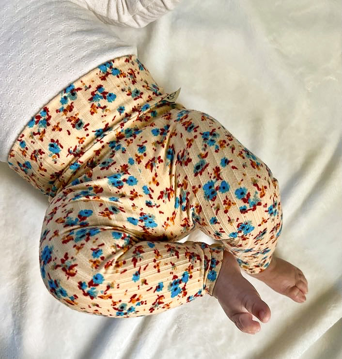 Dainty Floral on Yellow Ribbed Leggings with Blue Headband