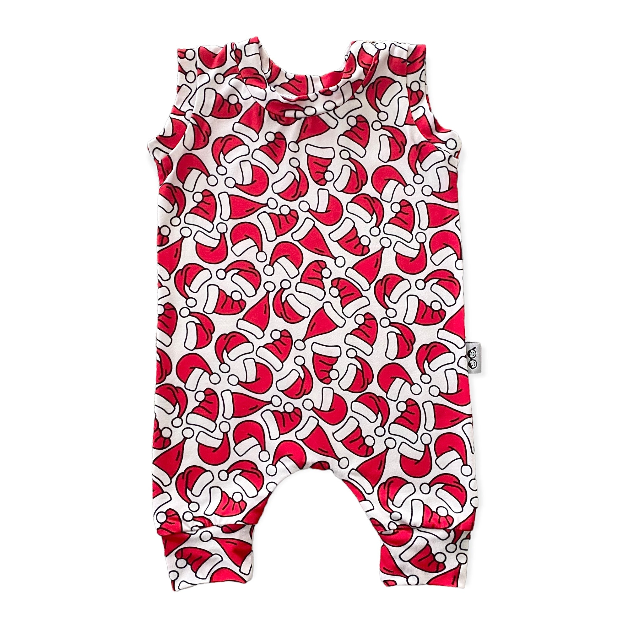 Festive baby romper with vibrant red and white Santa hat print, perfect for holiday celebrations. Available in sizes newborn to 4T.