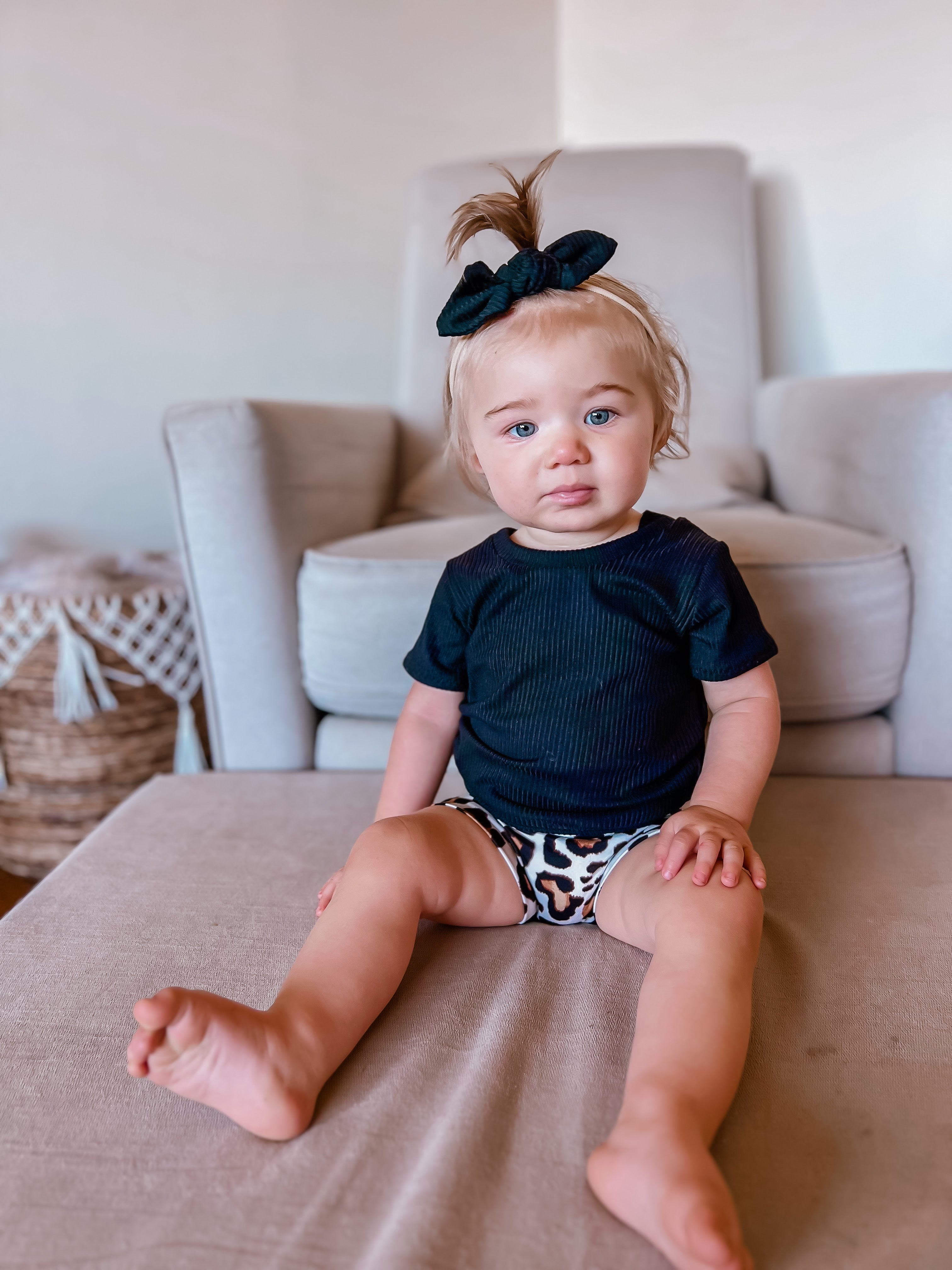 Baby Girl in Black Ribbed and Ivory Leopard Summer Lounge Set