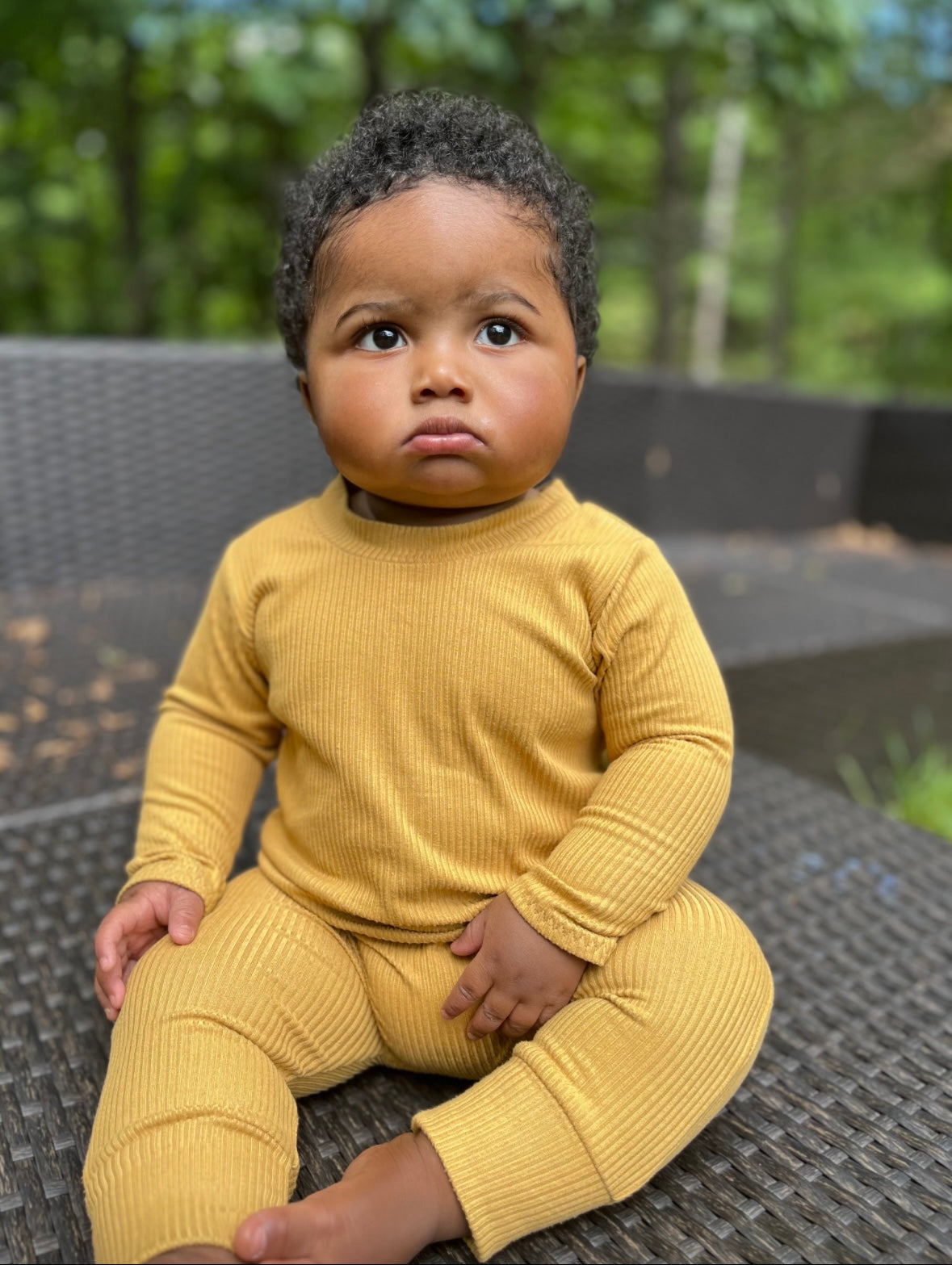 Baby Boy in Mustard Ribbed Harem Romper