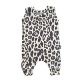 Leopard print baby romper on a white background