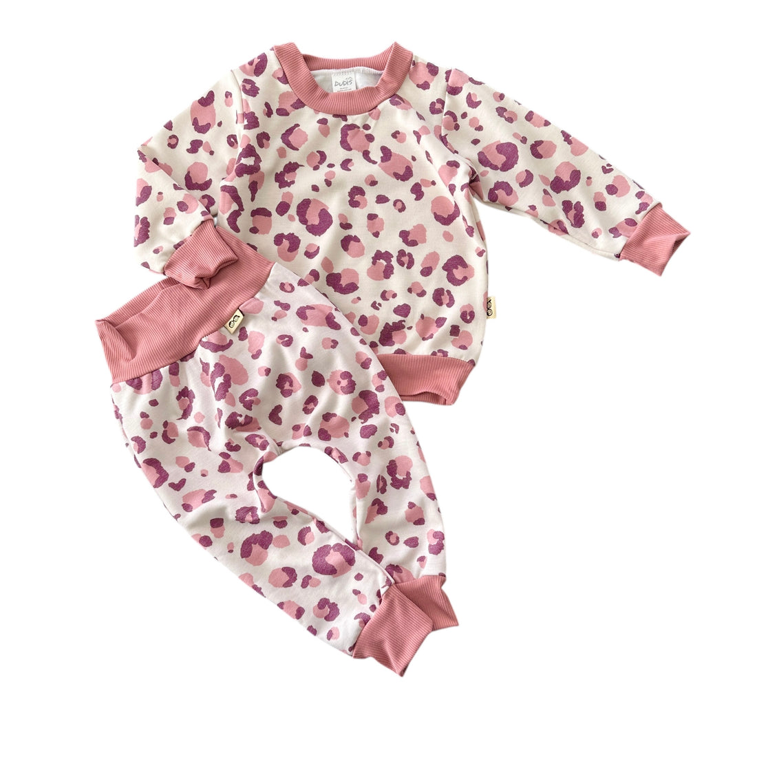 Blush leopard baby lounge set including sweatshirt and harem pants in pink and mauve tones, handmade comfortable outfit for babies and toddlers.