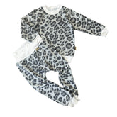 Grey leopard baby lounge set two-piece sweatshirt and harem pants handmade neutral outfit