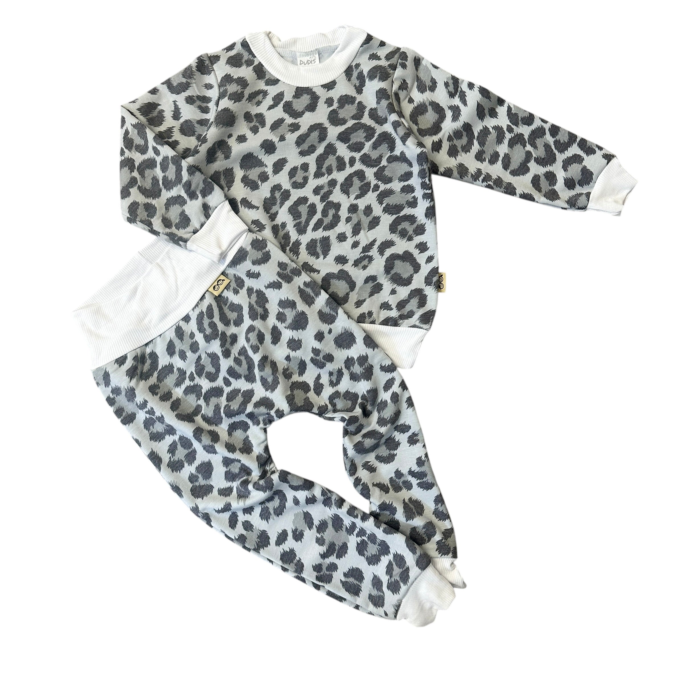 Grey leopard baby lounge set two-piece sweatshirt and harem pants handmade neutral outfit