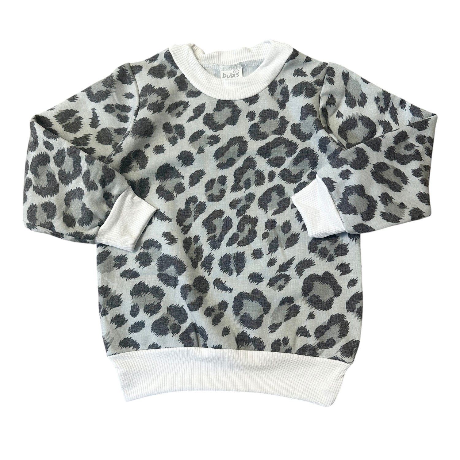 Unisex grey leopard baby sweatshirt with white ribbed trim, soft handmade toddler top in neutral animal print.