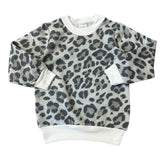 Unisex grey leopard baby sweatshirt with white ribbed trim, soft handmade toddler top in neutral animal print.