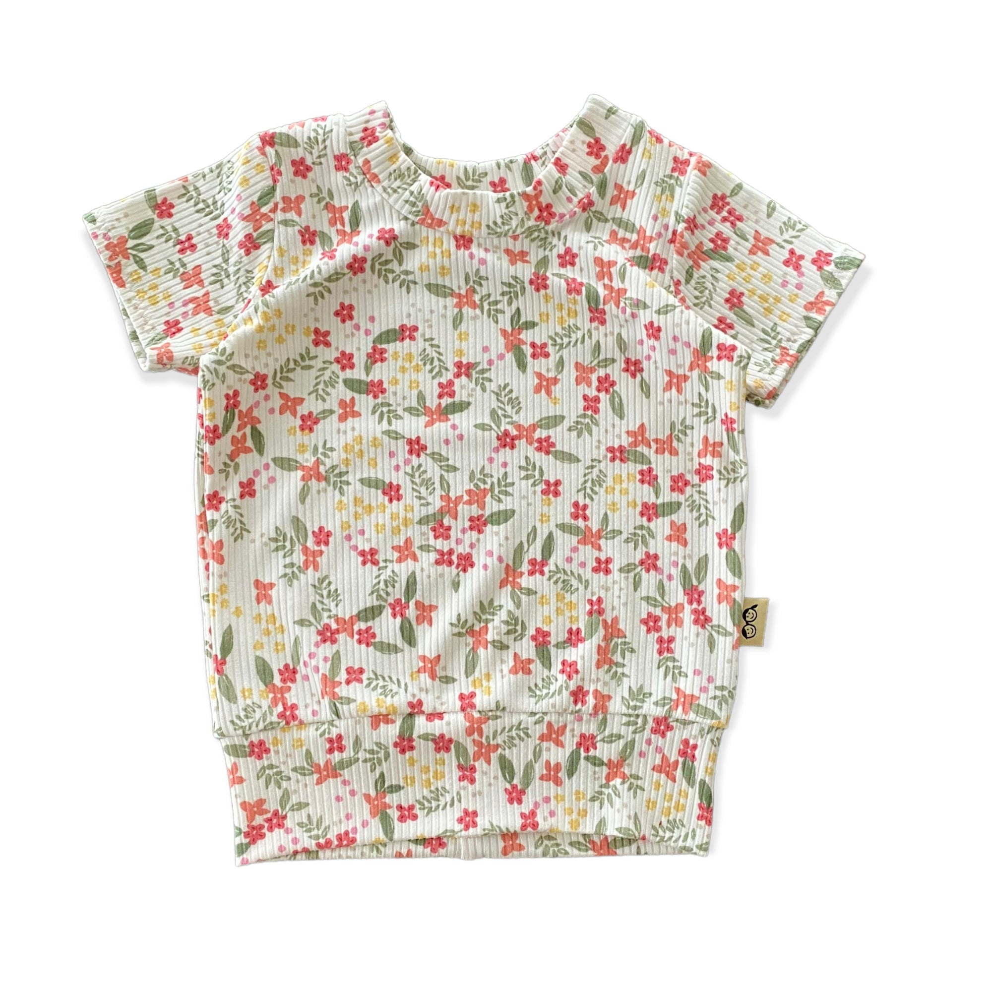 Colorful Dainty Flowers on White Ribbed Summer Lounge Top