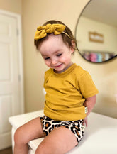 Mustard and Taupe Toddler Girl wearing Leopard Ribbed Summer Lounge Set