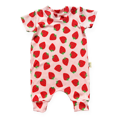 Pink Strawberries Ribbed Harem Romper
