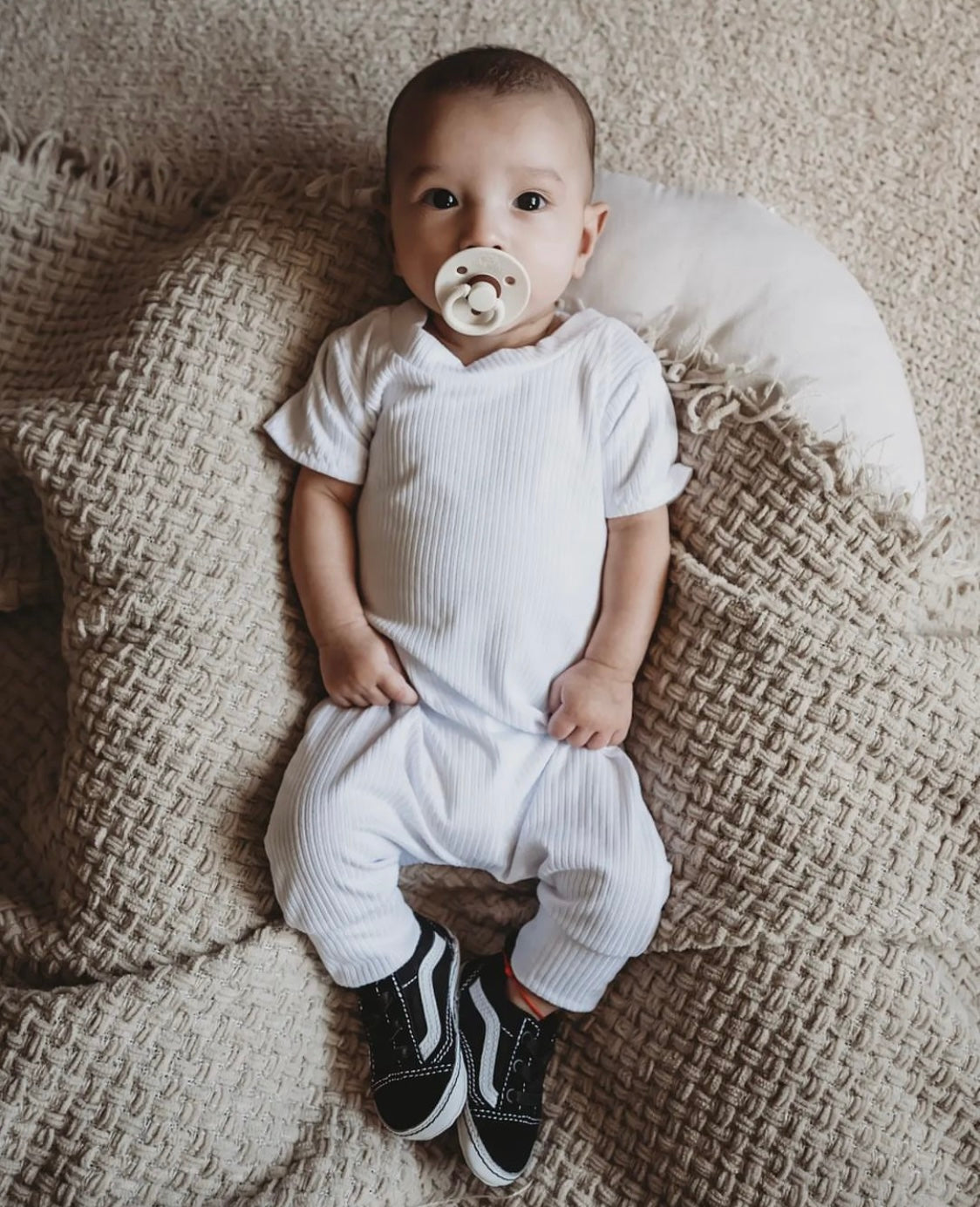 White Rib Harem Short-Sleeve Romper