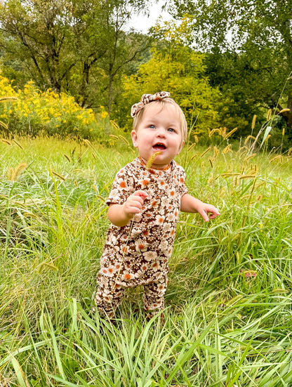 Vintage Flowers on Brown Harem Romper