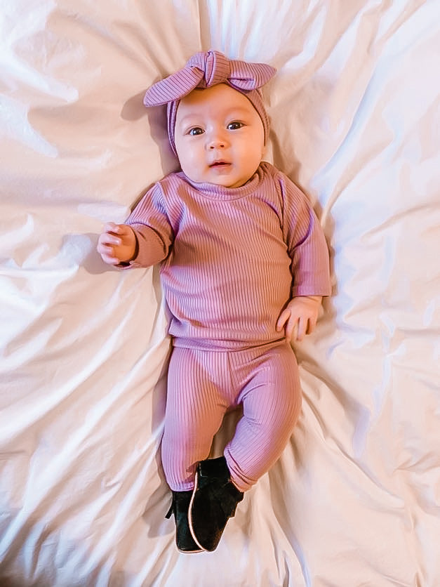 Baby Girl in Lavender Ribbed Lounge Set