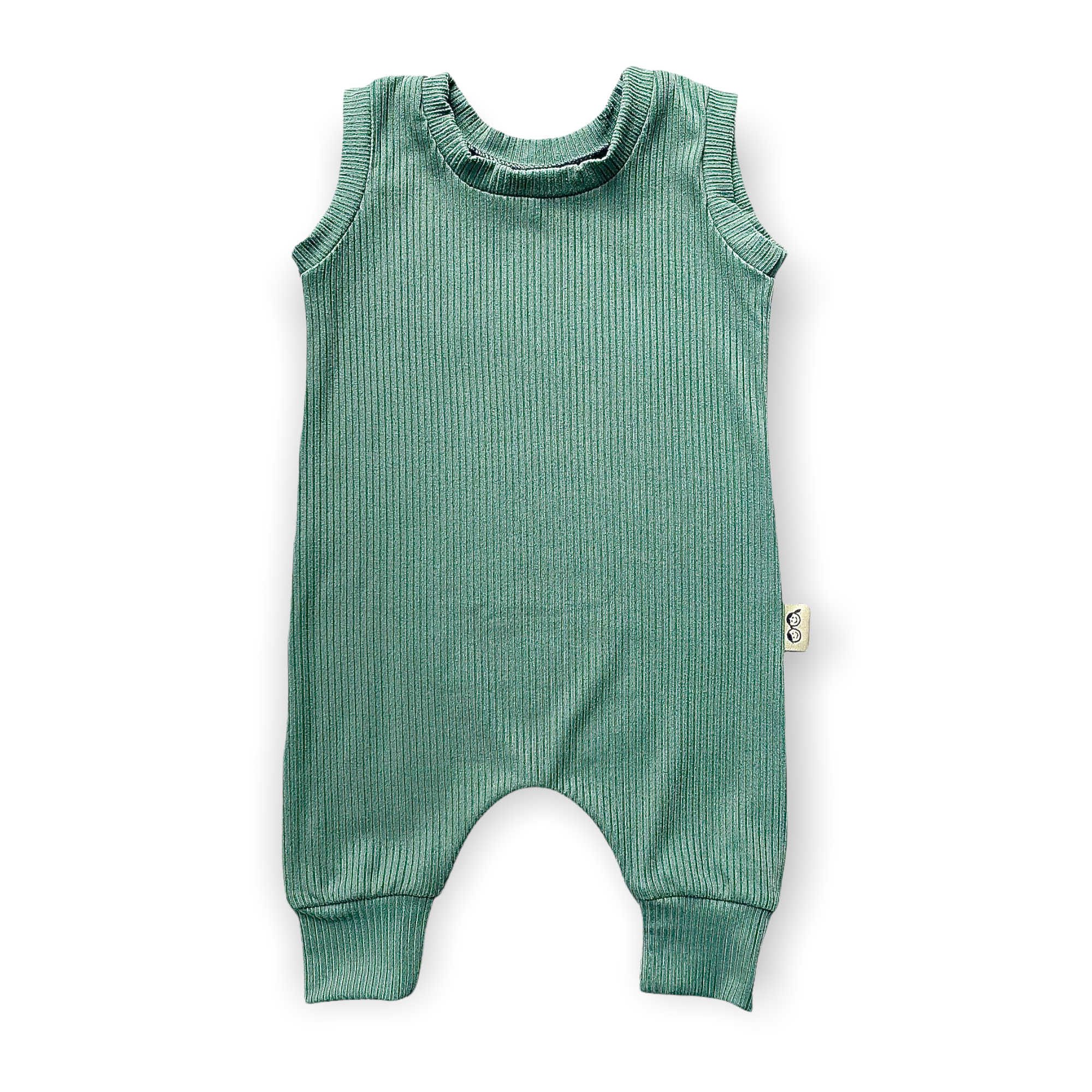 A flat-lay of a sleeveless ribbed green romper for babies, featuring soft, stretchy fabric and comfortable cuffs.