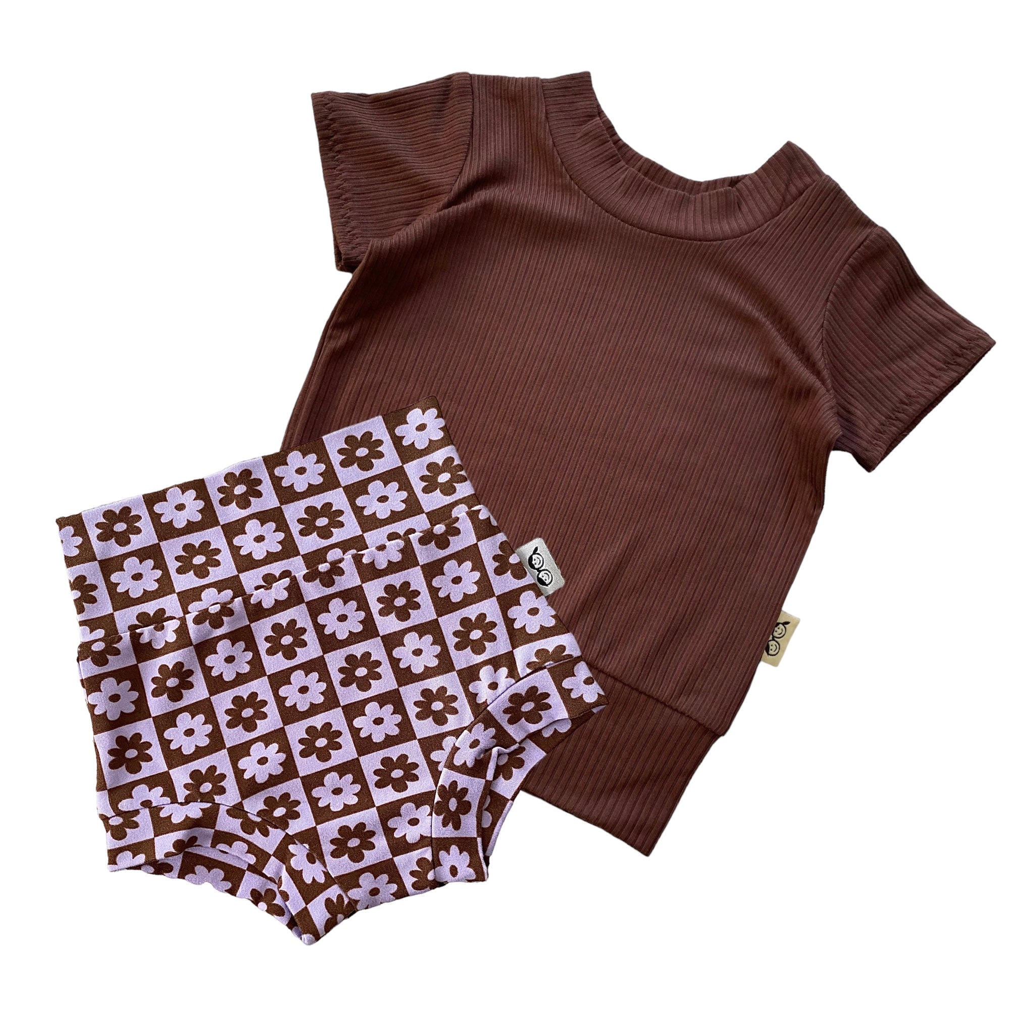 Cocoa Ribbed and Purple &amp; Brown Checkered Floral Summer Lounge Set 