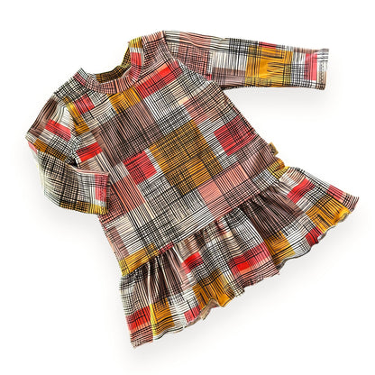 Retro Plaid Dress featuring long sleeves, a vibrant multicolored plaid pattern, and a ruffled hem, perfect for a stylish and playful look.