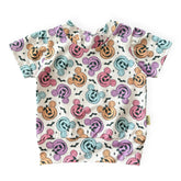 Baby t-shirt with Halloween-themed pattern on a white background