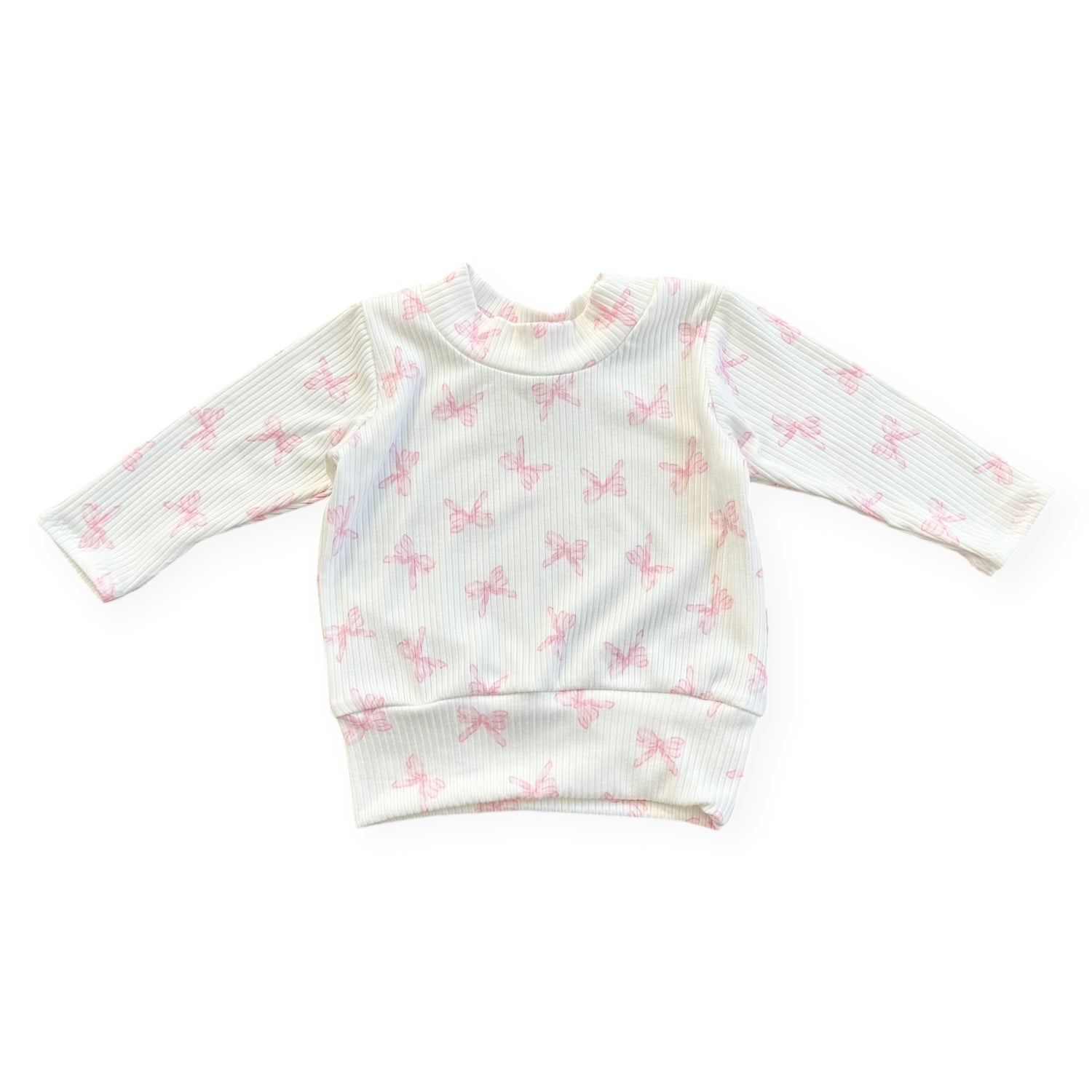 Ribbed cotton baby top with pink bow print, stretchy handmade toddler clothing