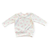 Ribbed cotton baby top with pink bow print, stretchy handmade toddler clothing