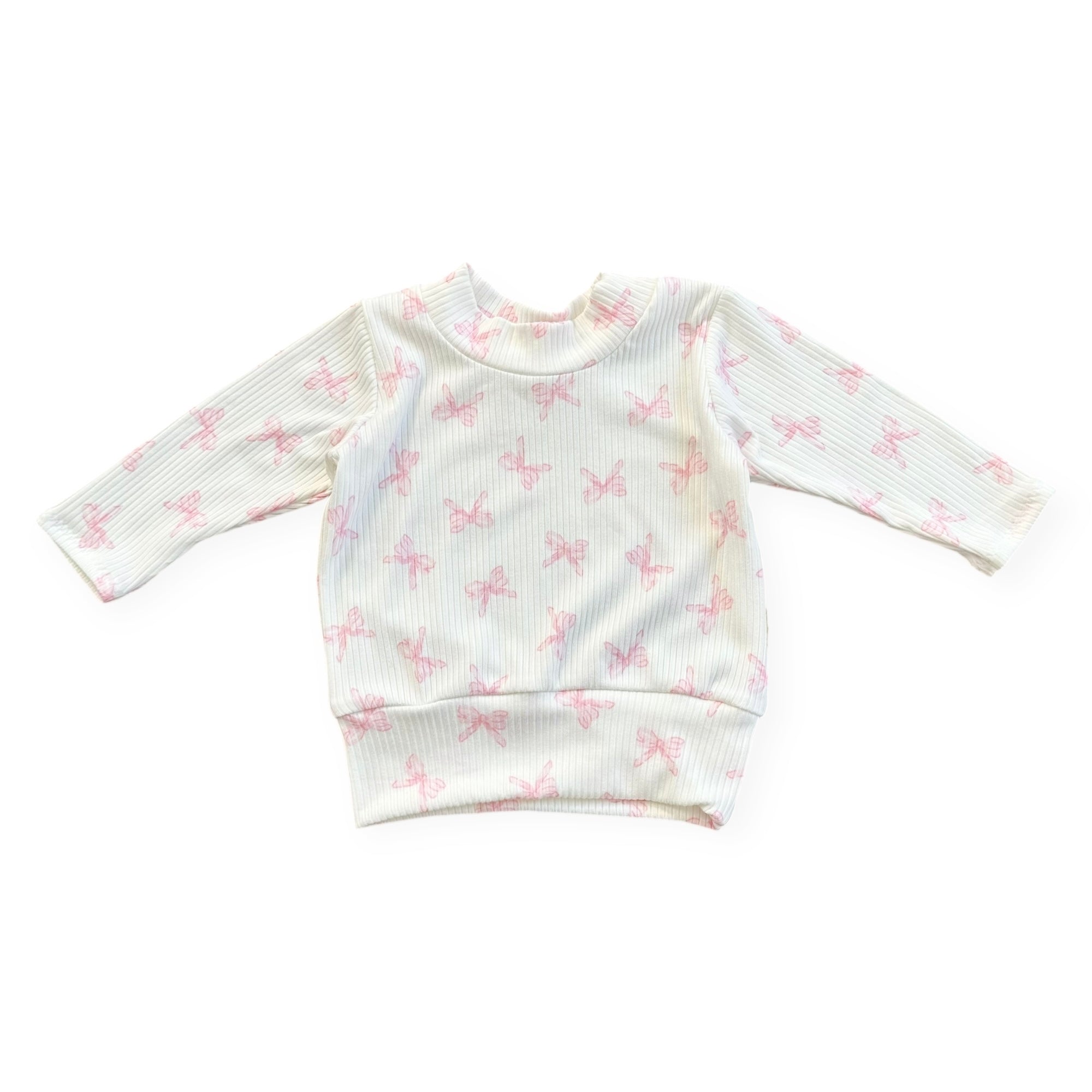 Ribbed cotton baby top with pink bow print, stretchy handmade toddler clothing