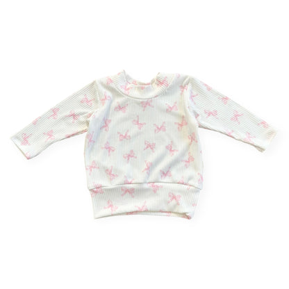 Ribbed cotton baby top with pink bow print, stretchy handmade toddler clothing