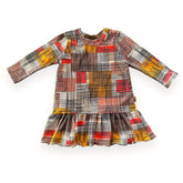 Full view of the Retro Plaid Dress with long sleeves, a colorful plaid design, and a tiered ruffled hem for added charm and elegance.