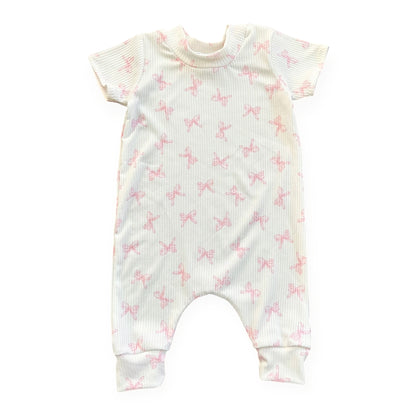 Pink Bows Ribbed Harem Romper