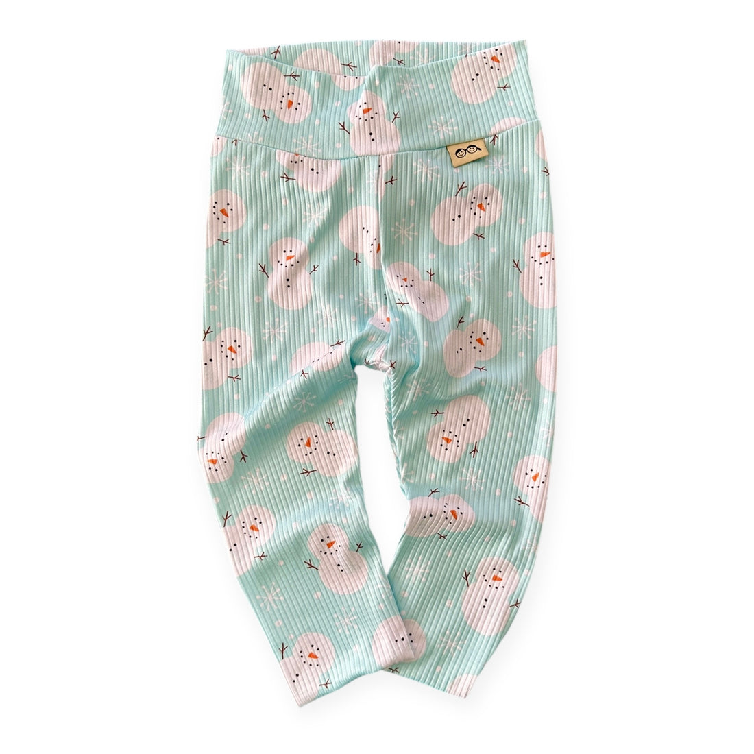 Mint ribbed baby and toddler leggings with cute snowman print – handmade winter holiday clothing.