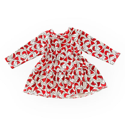 Red and white Santa hat print dress with long sleeves and a twirly skirt.