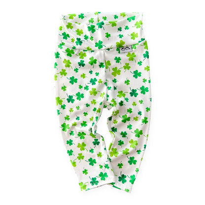 Shamrock print leggings for kids, designed for comfort and style. Handmade with love, perfect for St. Patrick&