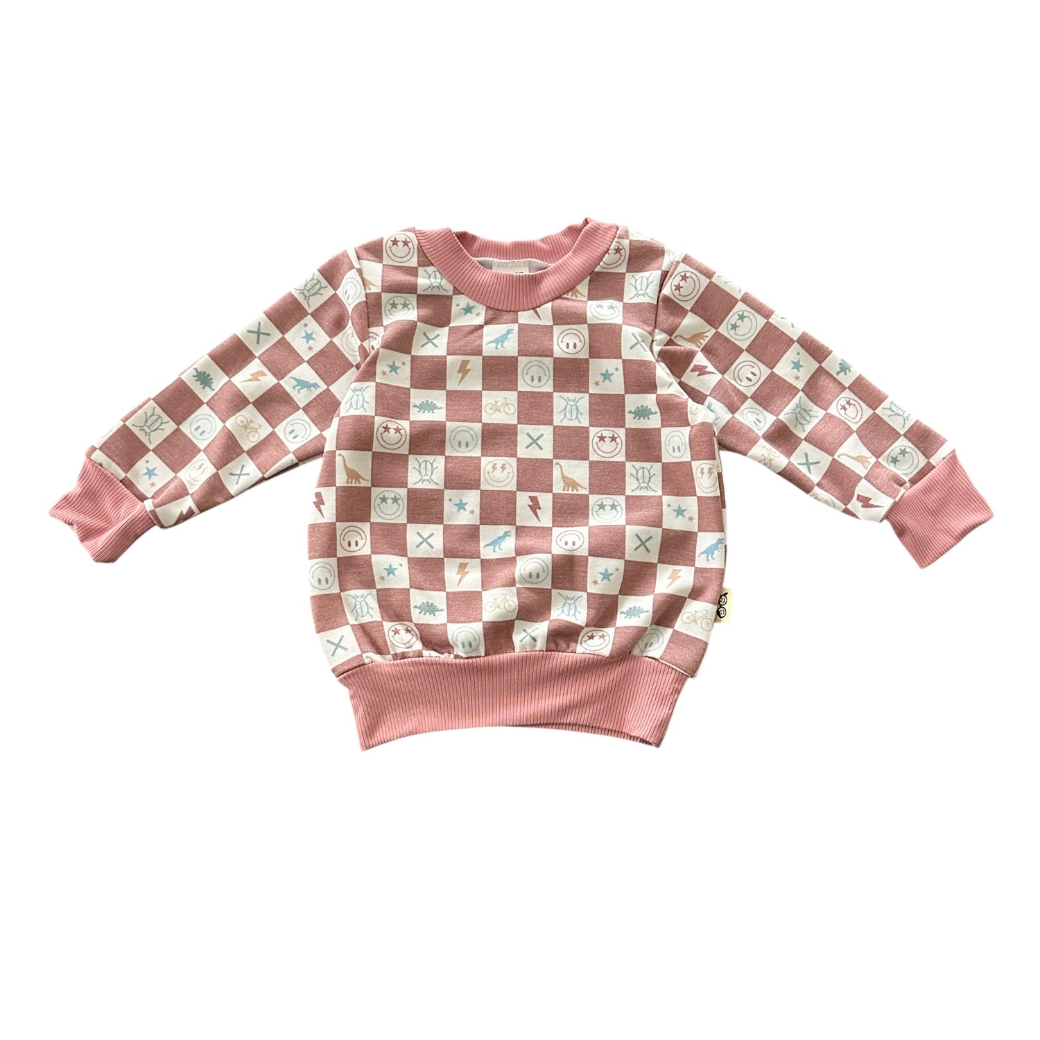 Angled view of mauve checker smiley icons baby sweatshirt.