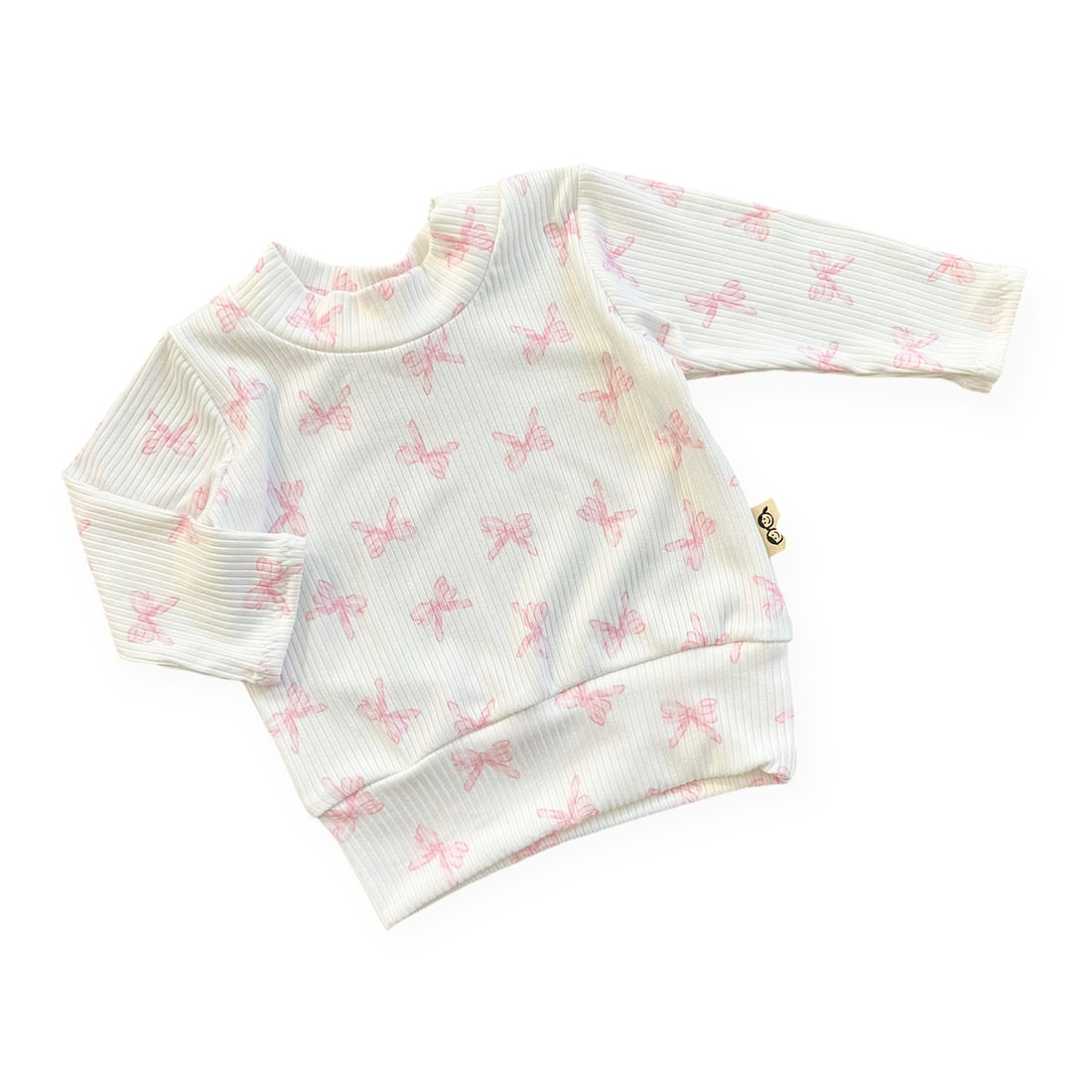 Long sleeve pink bows ribbed baby top, soft handmade toddler shirt