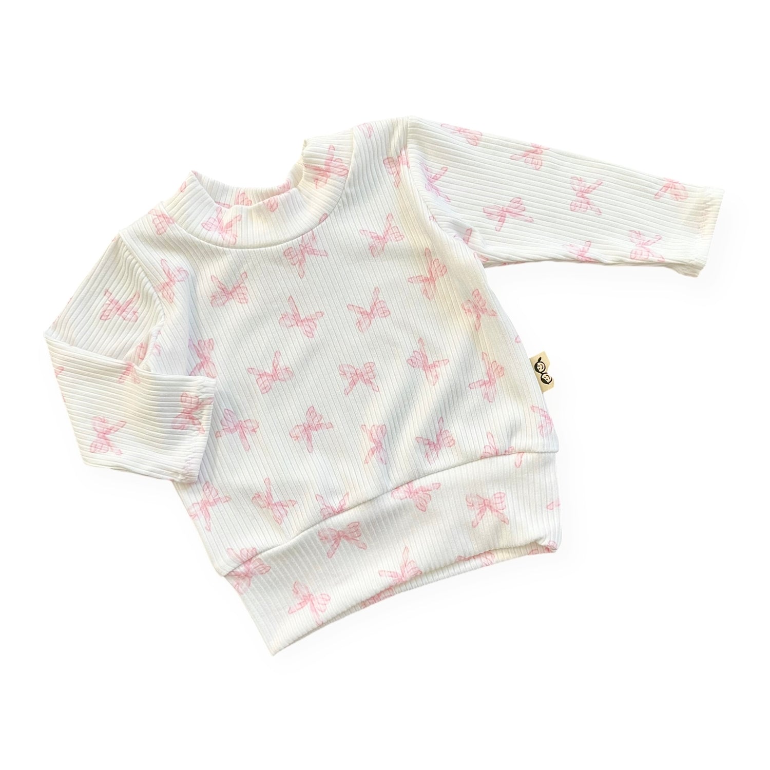 Long sleeve pink bows ribbed baby top, soft handmade toddler shirt