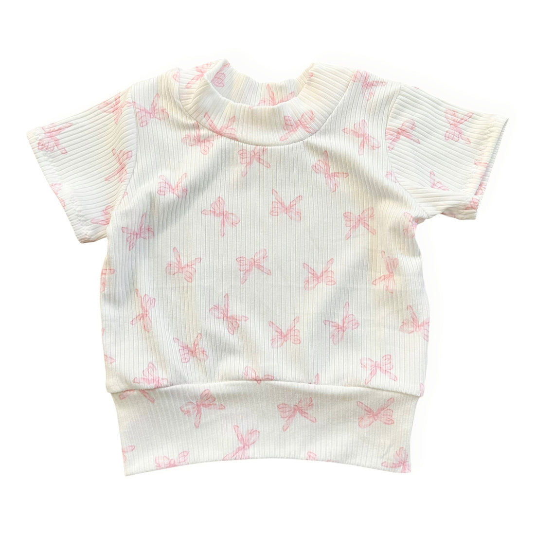 Pink bows ribbed baby top with short sleeves, handmade cotton toddler shirt