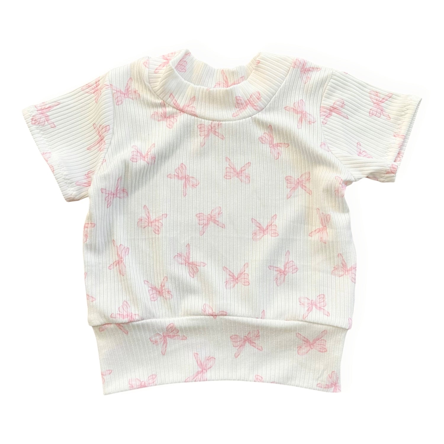 Pink bows ribbed baby top with short sleeves, handmade cotton toddler shirt