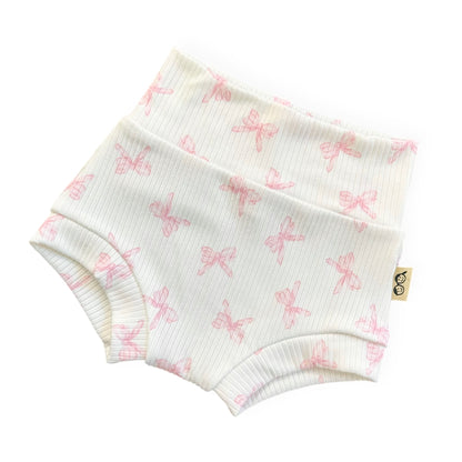 Ribbed baby bummies with pink bow print, stretchy handmade toddler bottoms