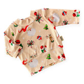 Retro-style Christmas ribbed baby top with Santa, reindeer, and wreath print – handmade holiday outfit.