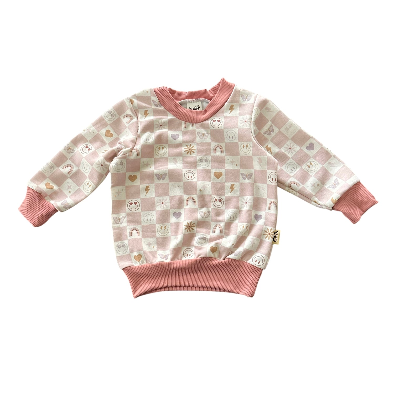 Flat lay of blush pink baby sweatshirt in checker smiley design.